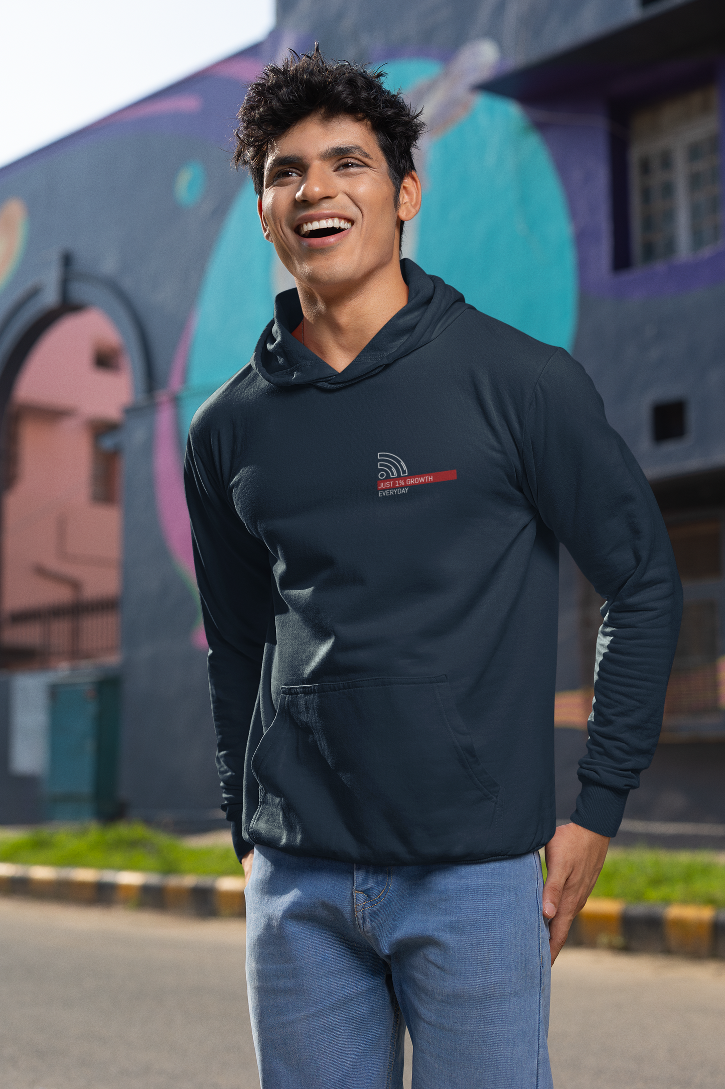 Men's Navy Blue Hoodie with Motivational Design