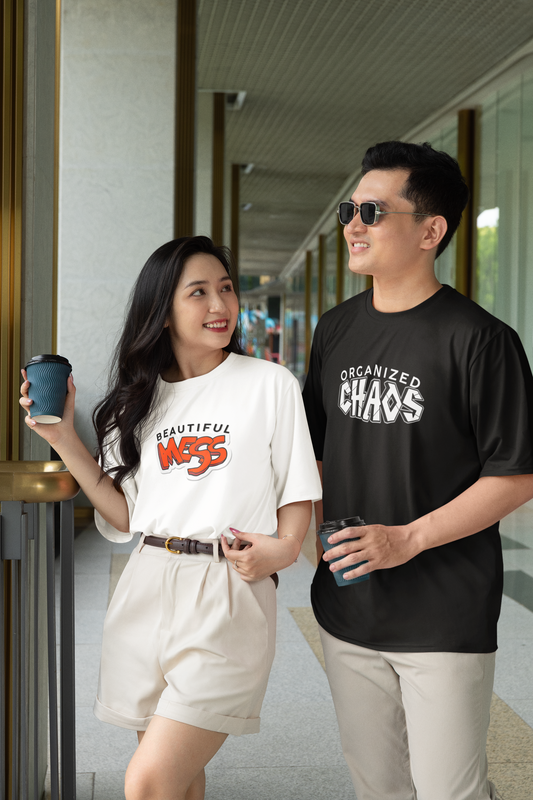 "Organized Chaos & Beautiful Mess" – Couple Oversized T-Shirt Set by Teenate