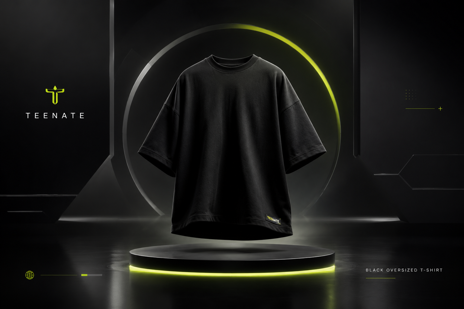 A black oversized short-sleeve T-shirt displayed on a circular pedestal in a dark studio setting with neon yellow lighting accents. The Teenate brand name and logo are visible on the left side.