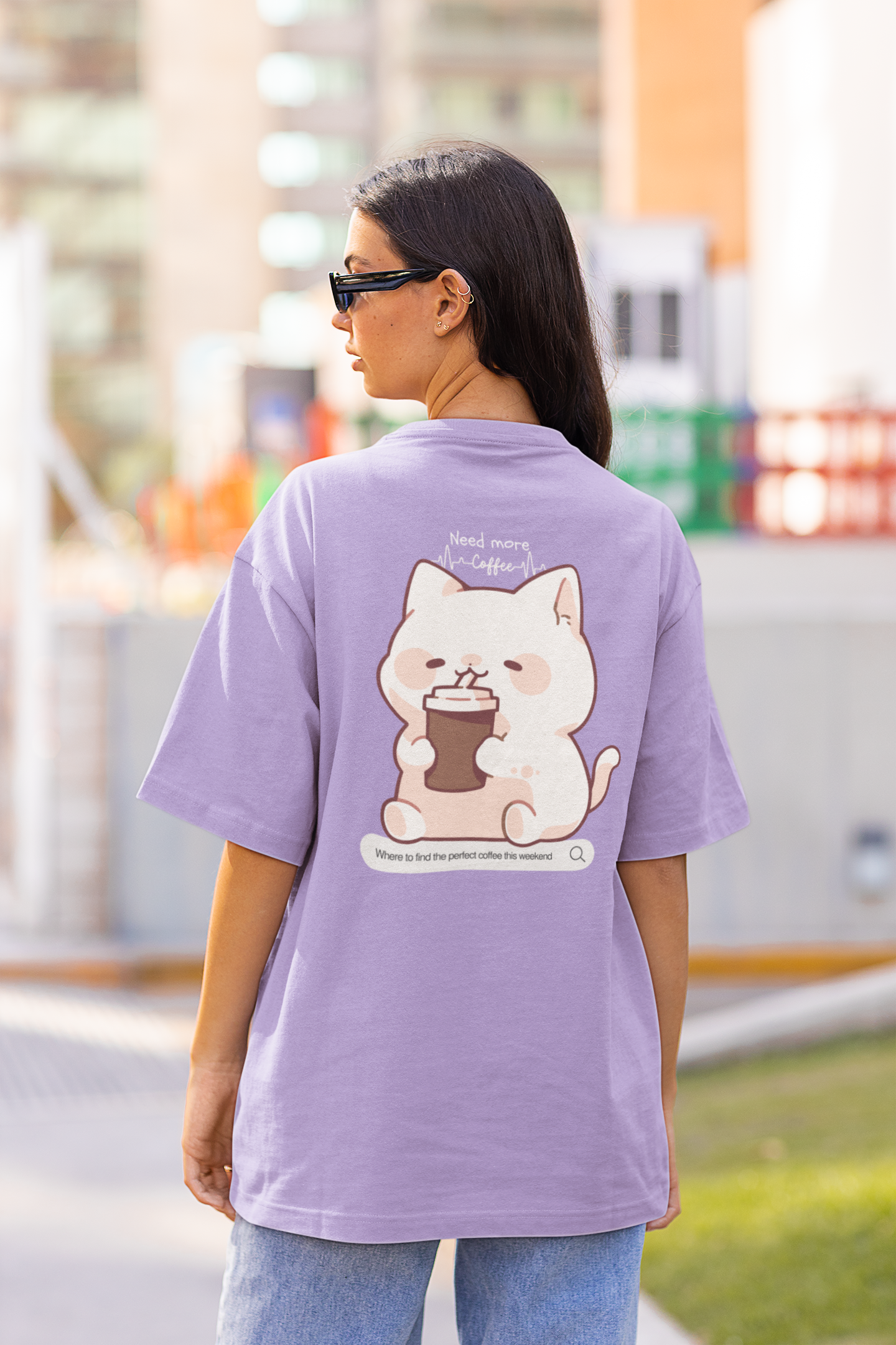 Cat with Coffee: Lavender Oversized T-Shirt