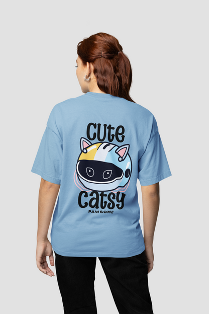 CUTE CATSY - Women's Baby Blue Oversized T-Shirt