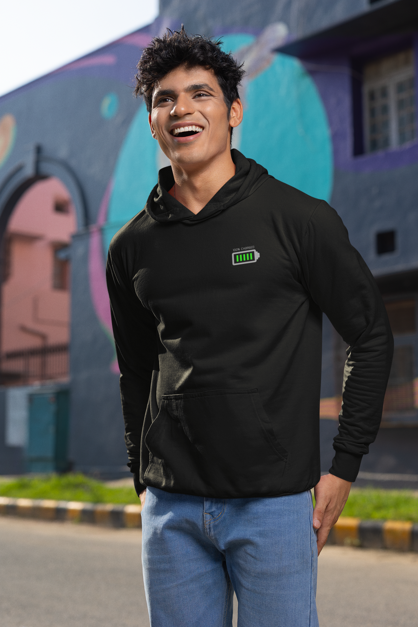 Men's Black Hoodie with Minimalistic Charging Design