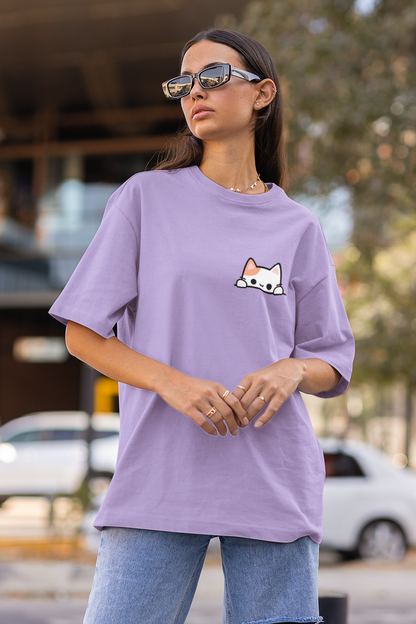 Cat with Coffee: Lavender Oversized T-Shirt