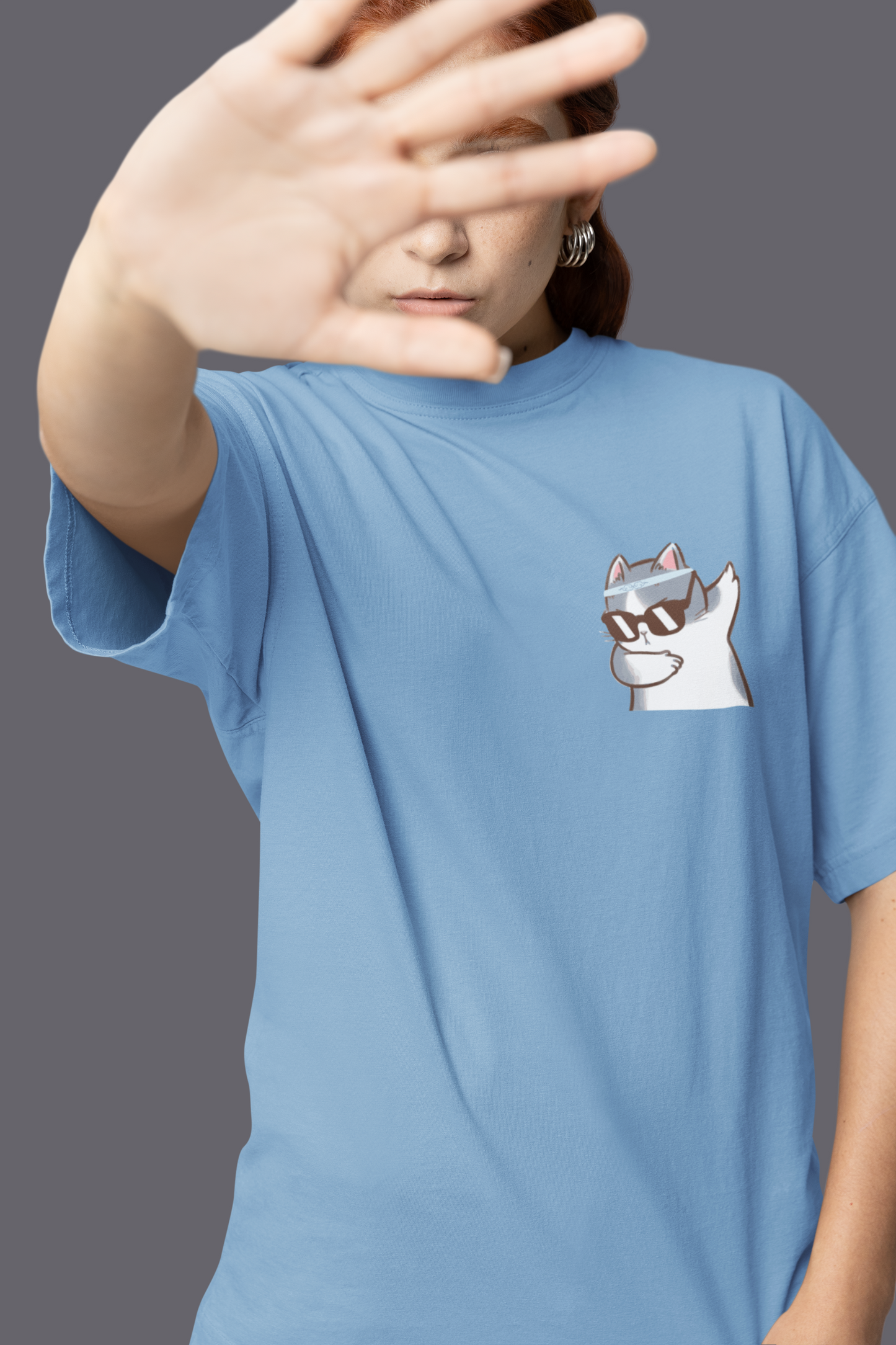 CUTE CATSY - Women's Baby Blue Oversized T-Shirt