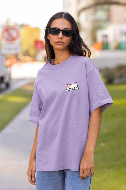 Cat with Coffee: Lavender Oversized T-Shirt