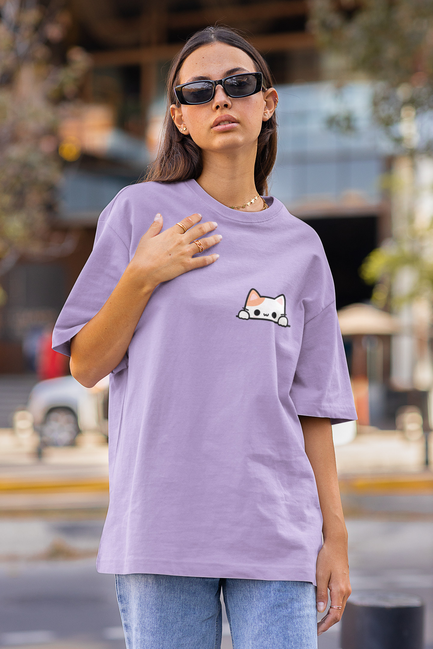 Cat with Coffee: Lavender Oversized T-Shirt